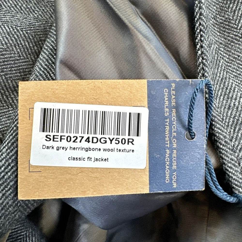 NWT Charles Tyrwhitt Wool Herringbone Blazer Men 50R Grey Classic Fit Jacket